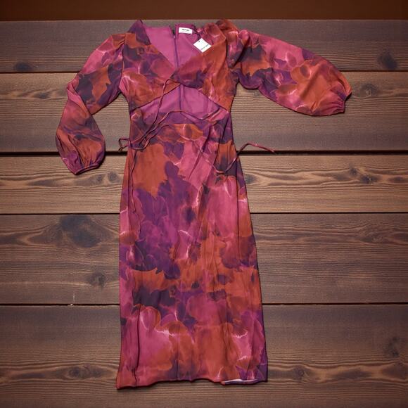 SHOWPO. Artola Front Cut Out Midi Print Long Sleeve Dress NEW - Picture 4 of 7